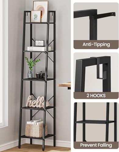 Image of Hzuaneri 5-Tier Ladder Shelf, Narrow Bookshelf, Corner Storage Shelves, Freestanding Bookcase with 2 Hooks for Home Office, Living Room, Kitchen, Bedroom, Industrial, Black BC03204B
