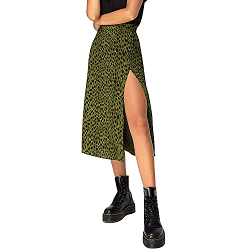 Dam hög midja leopardtryck delad midikjol blommig A-linje lång maxikjol, grön 1, 40 SE