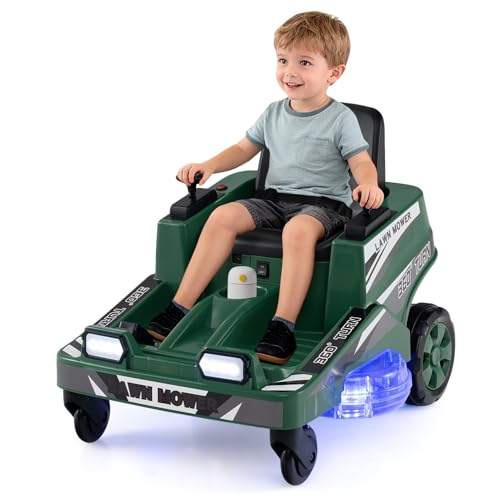 COSTWAY Kinder Elektroauto 12V Elektro Rasenmäher mit doppelten Steuerhebeln LED-Lichter Dreh- und Wende-Funktion Elektrofahrzeug für Kinder ab 3 Jahren (Grün)