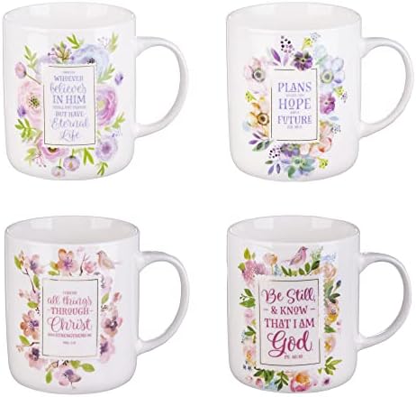Christian Art Gifts Ceramic Coffee/Tea Mug Set for Women | Inspirational Watercolor Flowers Design Bible Verse Mug Set | Boxed Set/4 Coffee Cups