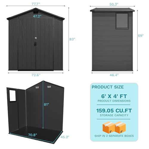 Image of Devoko 6x4 FT Resin Storage Shed with Floor, Waterproof Tool Storage Shed with Lockable Door for Patio, Garden, Backyard, Dark Gray