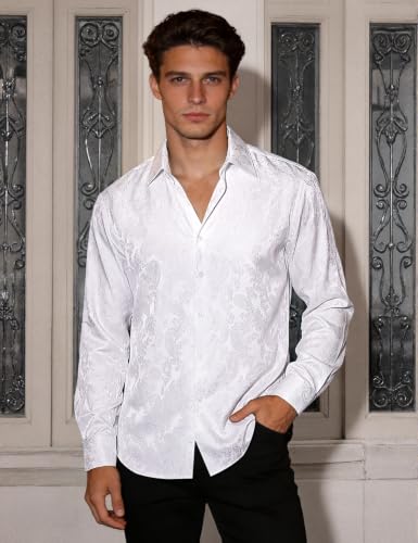 Image of Hi-Tie Men's Silk Satin Shirts Long Sleeve Button Up 70s Shiny Disco Shirt | Mens Satin Silk Shirt, Shiny Luxury Retro Party Prom Wedding Shirt, Nightclub Costume Dress Shirts, 70s Disco Shirt for Men