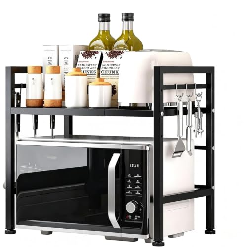 Multibao Expandable Microwave Rack Shelf 2 Tier Oven Rack Stand Holder Kitchen Corner Shelf Desktop Printer Shelf Rack Bakers Rack Air Fryer shelf Stand Storage Solution Organiser (Black)