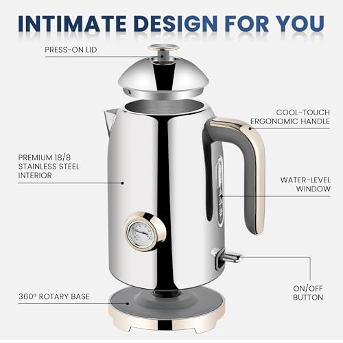 Image of SUSTEAS Electric Kettle - 57oz Hot Tea Water Boiler with Thermometer, 1500W Fast Heating Stainless Steel Pot, Cordless LED Indicator, Auto Shut-Off & Boil Dry Protection, Silver