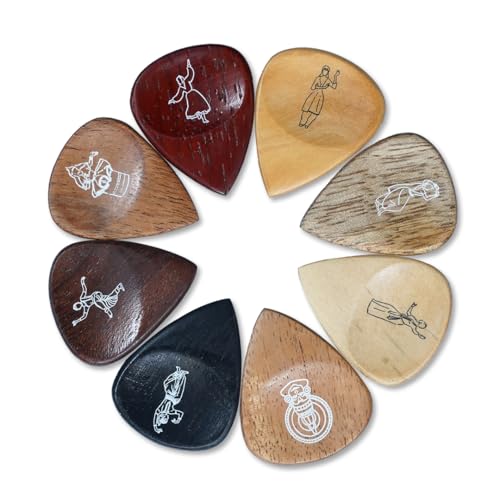 Image of Kadence APICKS Jamming Series Indian Heritage Guitar Picks | Handcrafted from 8 Exquisite Regional Hardwoods | 2.8mm with Engraved Motifs & Molded Grip | Includes Bespoke Presentation Box | Multicolor