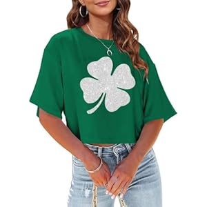 Womens Shamrock Crops Tops St Patricks Day Lucky Clover Heart Drop Shoulder Half Sleeve Cropped Shirt Irish Girls Crop Tops