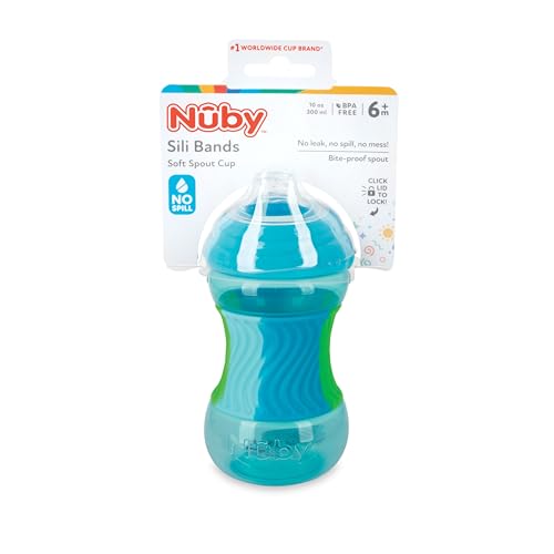 Image of Nuby No Spill Sili Bands 10oz Soft Spout Cup with Textured Easy Grip Silicone Band - Aqua