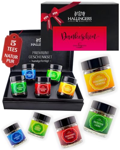 Hallingers Genuss Manufaktur Tee Geschenkset Dankeschön – 5 Sorten Premium loser Tee im Glas in edler Geschenkbox, veganes Tee Set Dankeschön Probierset, Geschenkidee für Frauen, auch zu Weihnachten