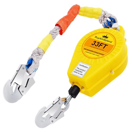 Image of Fall Arrester Protector Self Retractable 33FT Fall Protection Gear Double Locking, Dual PPE+Alloy Steel housing Heavy Duty Lifeline Safety Lanyard Rope Cable Wire Roofing Construction