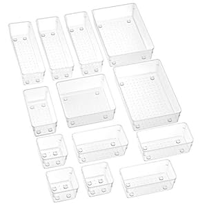 SMARTAKE 13-Piece Drawer Organizers with Non-Slip Silicone Pads, 5-Size Desk Drawer Organizer Trays Storage Tray for Makeup, Jewelries, Utensils in Bedroom Dresser, Office and Kitchen, Clear