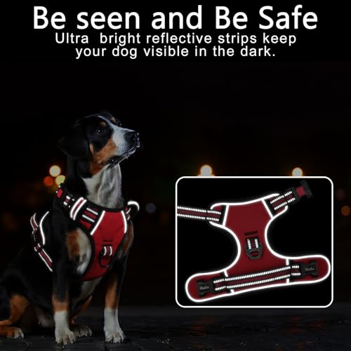 HEELE Hundegeschirr, Brustgeschirre für Hunde, Laufgeschirre Hund mit abschließbarem Schnappverschluss, einstellbare reflektierende Hundegeschirre, Offen am Hals, Anti Zug Dog Harness, Rot, L