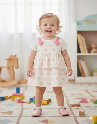 Image of A.T.U.N. (ALL THINGS UBER NICE) Baby Girls 100% Cotton Pinafore Dress with Inner Look Top | Cute Heart Print Design | Soft Touch Flared Fit | Comfortable Stylish Outfit for Babies