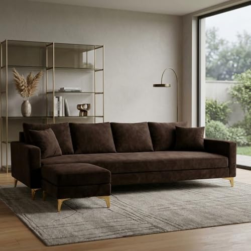 Image of Classiq Rich 5 Seater L Shape Sofa Set with Movable Ottoman | Flexible Layout | Spacious Soft Touch Seating | Designer Sofa for Living Room (Dark Brown)