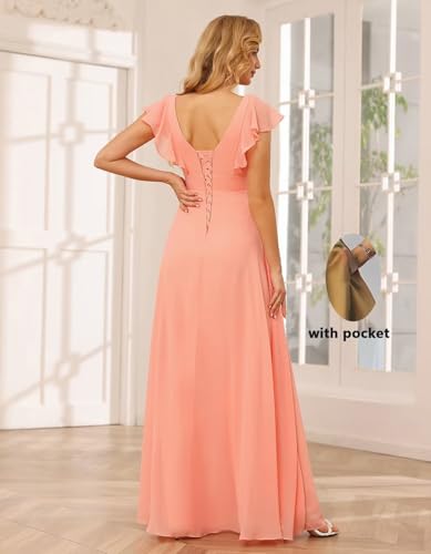 TIRAS Plus Size Ruffle Sage Green Chiffon Bridesmaid Dresses Long with Side Slit for Women 2025 Empire Waist Long Wedding Dress 22W2