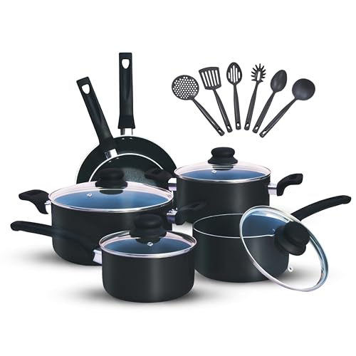 Kitchen King - Juego de utensilios de cocina antiadherentes de 15 piezas, sartén, cacerola y cacerolas con 5 cucharas de cocina con tapas, acabado brillante sin PFOA (no inducción, negro fusión)