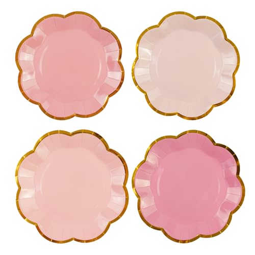 48Pcs Light Pink Scalloped Party Plates - 7inch Gold Foil Gradient Pink Dessert Paper Plate Disposable Cake Plates for Birthday Bridal Baby Shower Wedding Party Decorative Supplies