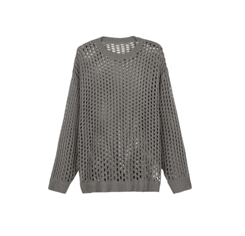Men's Vintage Hollow Out Loose Knitting T-Shirt Man All Match Casual See-Though Pullover Gray S