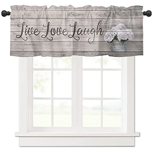 Valances Curtains For Living Room Live Love Laugh Hydrangea Flower Retro Wood Wood Texture Valance For Windows Rod Pocket Short Window Treatment Decor Curtains Light Filtering Kitchen Valance 54"X18" #TOP2