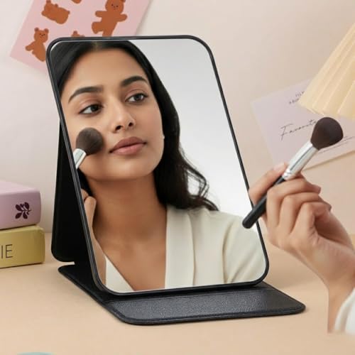 Image of Foldable Makeup Mirror with Stand 16x11 cm | Portable PU Leather Vanity Mirror | HD Frameless Table Mirror | Adjustable Angle Travel Mirror for Dressing Table, Bathroom & Office Use (Black)