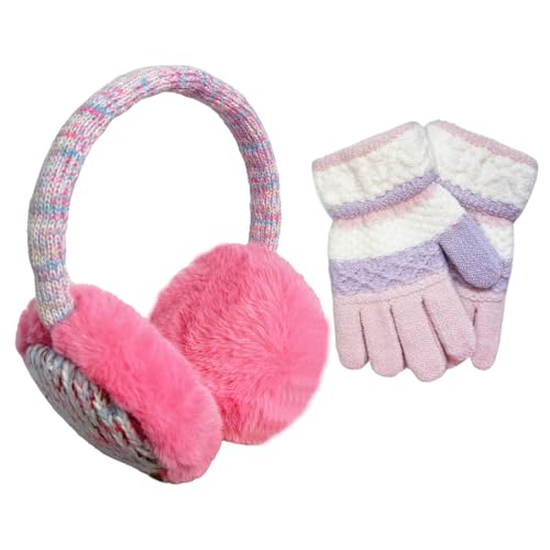 Girls Ear Muffs with Gloves, Kids Winter Furry Knitted Earmuffs, Plush Ear Covers Hands Warmers for Toddler Age 3-8 Outdoor Activities