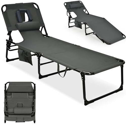 GYMAX Tanning Chair, Folding Lounger with Face/Arm Holes, Carry Handles & Side Pocket, Portable Lightweight Layout Beach Chair for Outdoor/Indoor, Face Down Sun Lounger (1, Grey)