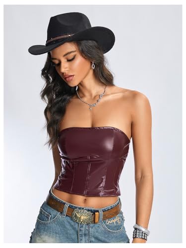 Floerns Women's PU Leather Bandeau Lace Up Back Y2k Club Strapless Tube Top4