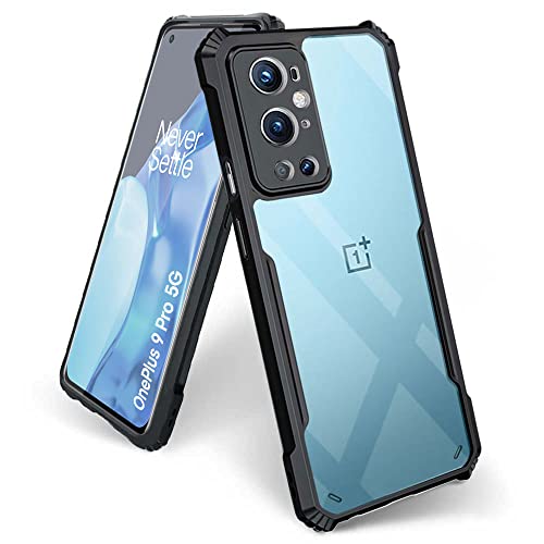Image of BASECASE Shock Proof Crystal Clear Back Case Mobile Cover for 1+ OnePlus 9 Pro (Hard | Hybrid PC + TPU | Full Armour Device & Camera Protection | Jet Black)
