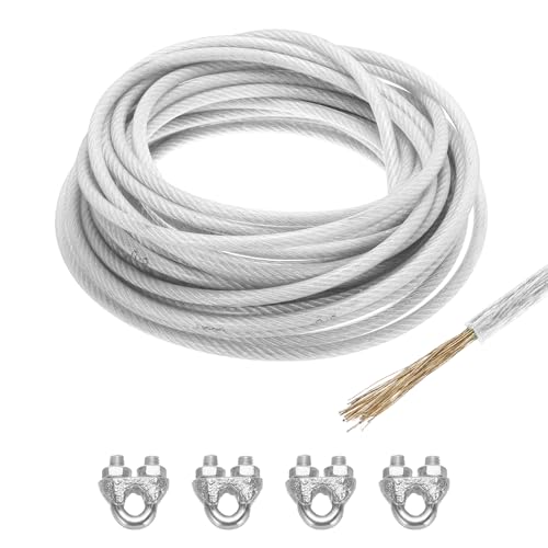 Sourcing Map 8mm (5/16 inch) Clear Vinyl Coated Galvanized Steel Wire Rope, 15m /49ft with 4PCS M8 Loop Sleeves for String Light Hanging, Deck Railing, Garden Wire