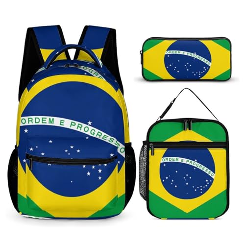 Backpack Bookbag Set Backpack with Lunch Box and Makeup Bag Travel Bookbag Daypack Set (Brazilian Brazil Flag)