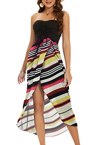 Damen Strandkleid Sommer Maxi Sommerkleid Trägerlos Hawaii Cover Ups Asymmetrische Wickelkleider, Buntes Armband, Groß