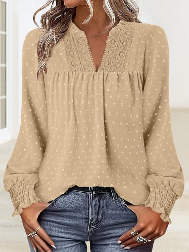 BETTE BOUTIK Women Boho Long Sleeve Shirts Dressy Casual V Neck Fall Fashion Tops Swiss Dot Flowy Blouses