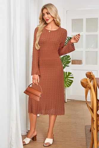 Image of Newshows Women's Hollow Slim Summer Fall Church Work Casual Sweater Dress | Machine Washable Knit Sweater Fabric, Hollow Design, Bell Sleeve, Business Casual, Church Teacher Outfits, Modest Dress