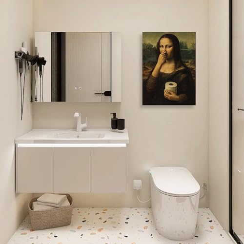 Funny Bathroom Wall Art, Humorous Mona Lisa Wall Decor, Unique Bathroom Pictures for Toilet, Unframed Vintage Canvas Poster, Novelty Mona Lisa Holding Her Nose Print for Home Office, 40x30cm/16x12in - Image 3