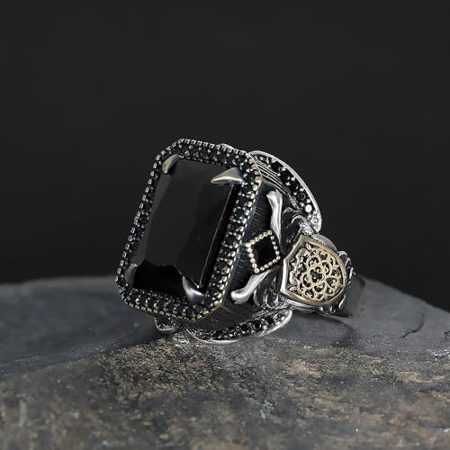 Men's Sterling Silver Ring with Black Onyx Gemstone – Square-Cut Statement Ring with Vintage Side Details3