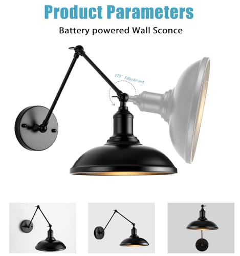 Image of Black Wireless Battery Operated Wall sconces 9.5 inch, Wall sconces Set of Two Battery Powered Wall Sconce with Remote Control, Adjustable Black Wall Sconce for Bedroom Hallway Living Room