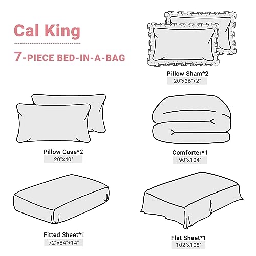 JOLLYVOGUE Pink/Ivory Cal King Size Comforter Sets 7 Pieces, Pintuck Bed in a Bag Comforter Set for Bedroom, Bedding Comforter Sets with Comforter, Sheets,Ruffled Shams & Pillowcases