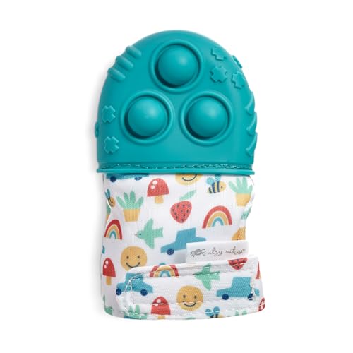 Image of Itzy Ritzy Silicone Teething Mitt - Soothing Infant Teething Mitten with Adjustable Strap, Crinkle Sound & Textured Silicone to Soothe Sore & Swollen Gums - for Ages 3 Months & Up (Teal)