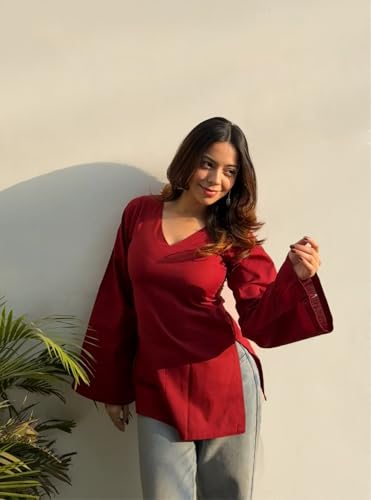 Image of ANNI Designer Short Kurti for Women Solid Design | V Neck Full Sleeve Kurti Tops for Women | Stylish Kurtis & Short Kurtis for Woman | Casual Kurti with Jeans | Kurtas for Woman