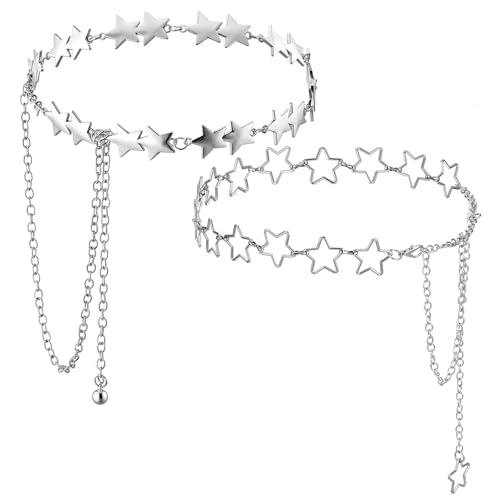 Nogeqi Lot de 2 ceintures en forme d'étoile pour femme - Chaîne ventrale réglable - Argenté - En métal - Chaîne de taille réglable - Pour robe et jeans