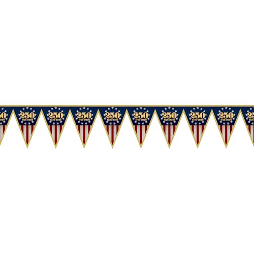 Beistle Semiquincentennial Pennant Banner – Festive Patriotic Decorations for 250th Anniversary Events, Fourth of July, and Community Celebrations, 11" x 6' 6½"