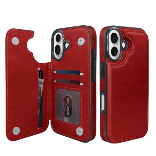 Étui à rabat iPhone 16 rouge 6,1 pouces antichoc avec porte-carte