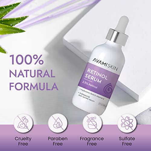Avami Retinol Serum For Face - 2.5% Retinol Face Serum With Hyaluronic Acid & Vitamin E - Hydrating, Rejuvenating & Firming Wrinkle Serum For Blemishes, Dark Spots, Discoloration, Fine Lines - 2 Fl Oz #TOP2