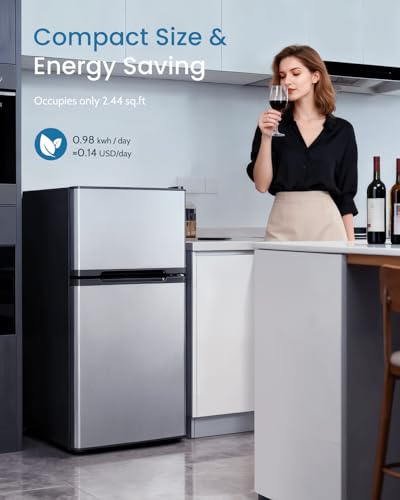 Image of Feelfunn 3.2 Cu.Ft Mini Fridge with Freezer - 2 Door Small Refrigerator, Mini Refrigerator with Adjustable Thermostat, Removable Shelves, Mini Fridge for Bedroom, Office, Dorm, Apartment, Silver
