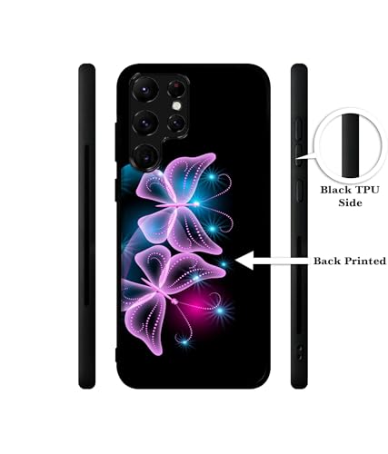 Image of Butterflies Neon Light Design Premium 2D Printed Metal Back Case Cover for Samsung Galaxy S22 Ultra 5G