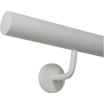 TIBU Handrail Stainless Steel White Powder-Coated 42.4 mm Railing Indoor Outdoor Weatherproof Length 30 cm with 2 Holder Ends Slightly Curved Cap