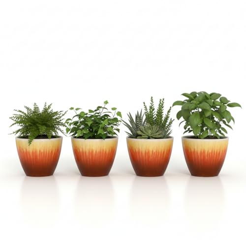 LESOASIS Plant Pots Pack of 4, 8 inch Plastic Flower Pots, Modern Glossy Finishing Planter for Indoor Outdoor Plants (Orange Glaze, 4 Pack)