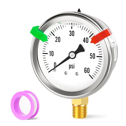 Image of 0-60PSI Stainless Steel Liquid Filled Pressure Gauge, 2.5 inch Single Scale Face Dial, 1 /4 inch NPT Lower Mount, for Tube, Water Pump, Gas, Liquid, Pressure Test (with Range Mark Pointer)