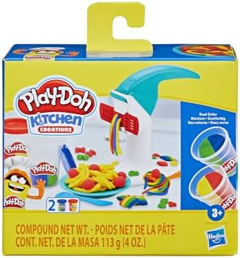 Embalagem do conjunto Play-Doh Kitchen Creations Macarrao Magico com imagem da maquina e potes