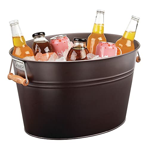 Mdesign Large Metal Beverage Tub Oval Cooler For Beer, Wine, Ice, And Drinks - Portable 4.75 Gallon/18 Liter Cold Drink Trough For Parties - Steel Bin Bucket Stand With Bamboo Handles, Bronze #TOP16