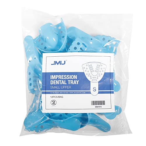 Image of JMU Dental Impression Trays, 5 Small Upper, Autoclavable, 120 Pcs | Perforated Disposable Impression Trays, Plastic, 10 Bags, Blue
